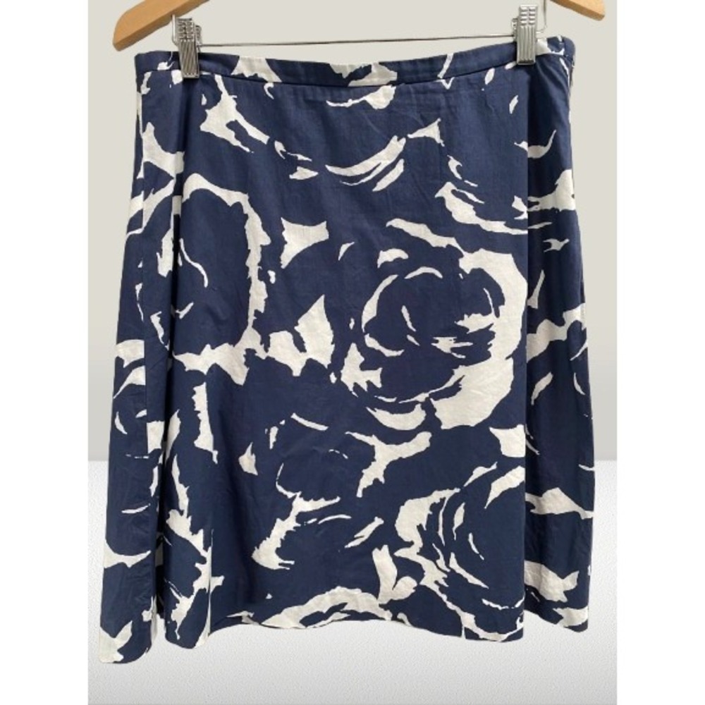 J. Crew Navy Blue White Floral Rose Print Cotton A Line Skirt Size 8